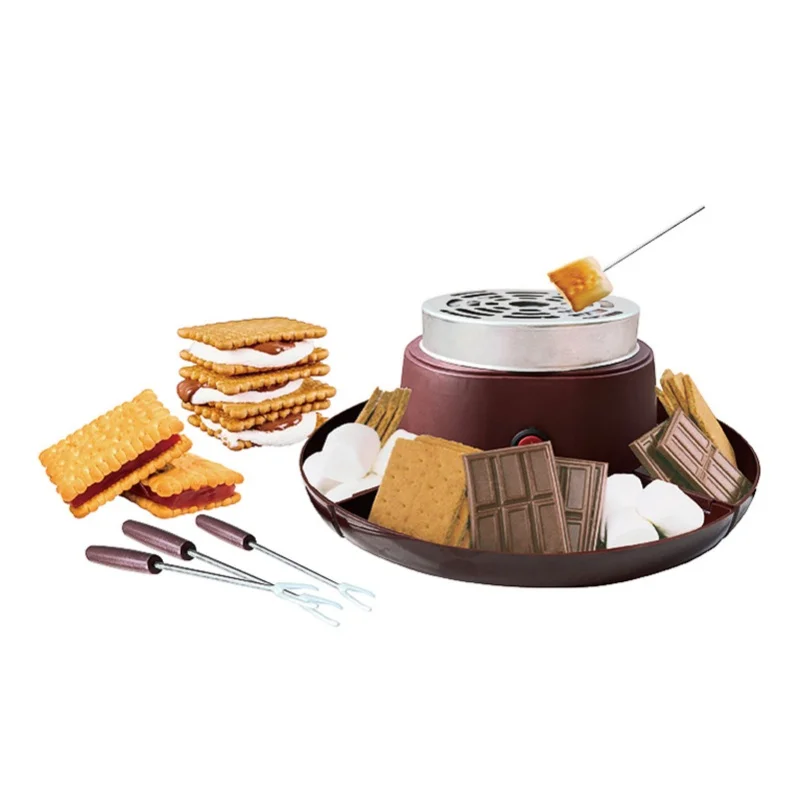 2 In 1 Electric Smores Maker Fondue Pot Indoor Tabletop Marshmallow Roaster with 4 Roasting Forks 4 Detachable Trays 110V/220V