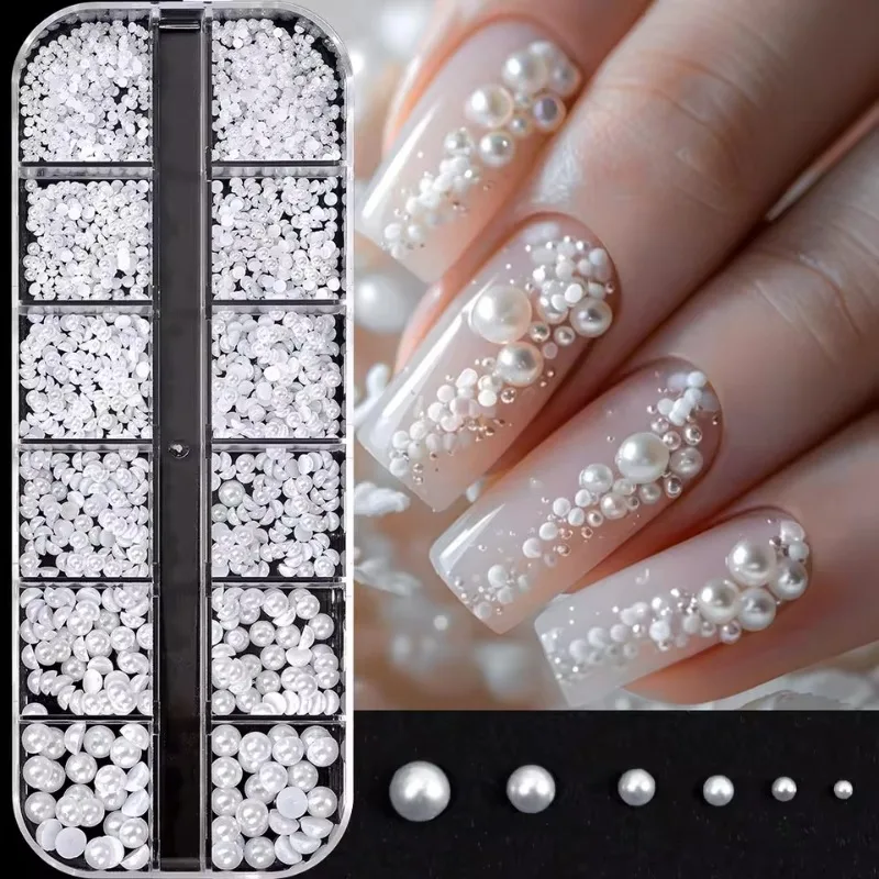 12Grids Ocean Gold Nail Art Charms Shell/Seahorse White Micro Ball Nail Charms Magnetic Pen 0.5~3mm Ball Nail Jewelry