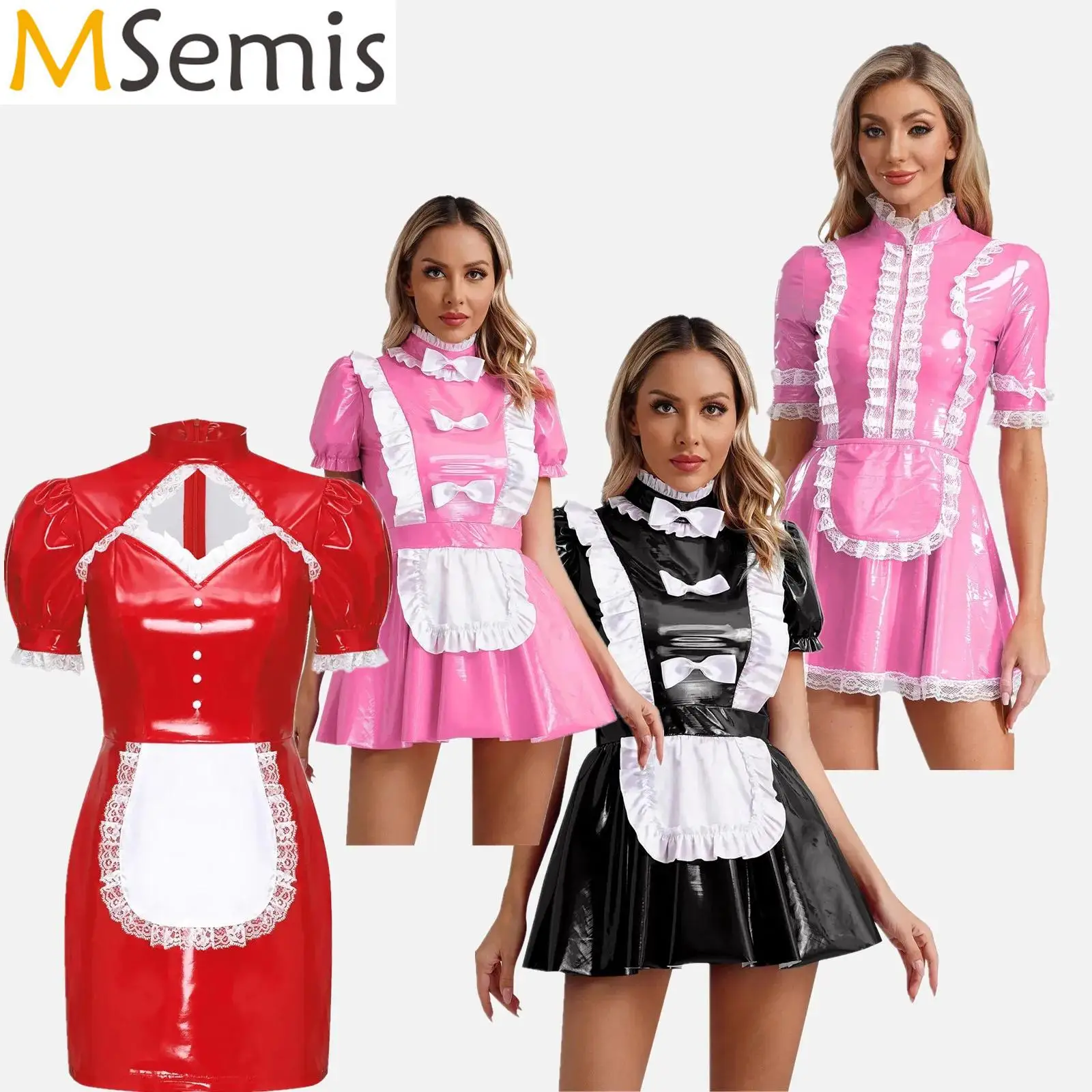 

Womens Glossy Ruffles Trims Patent Leather Latex Maid Dress Naughty French Maid Uniform Carnival Cosplay Clubwear Costume