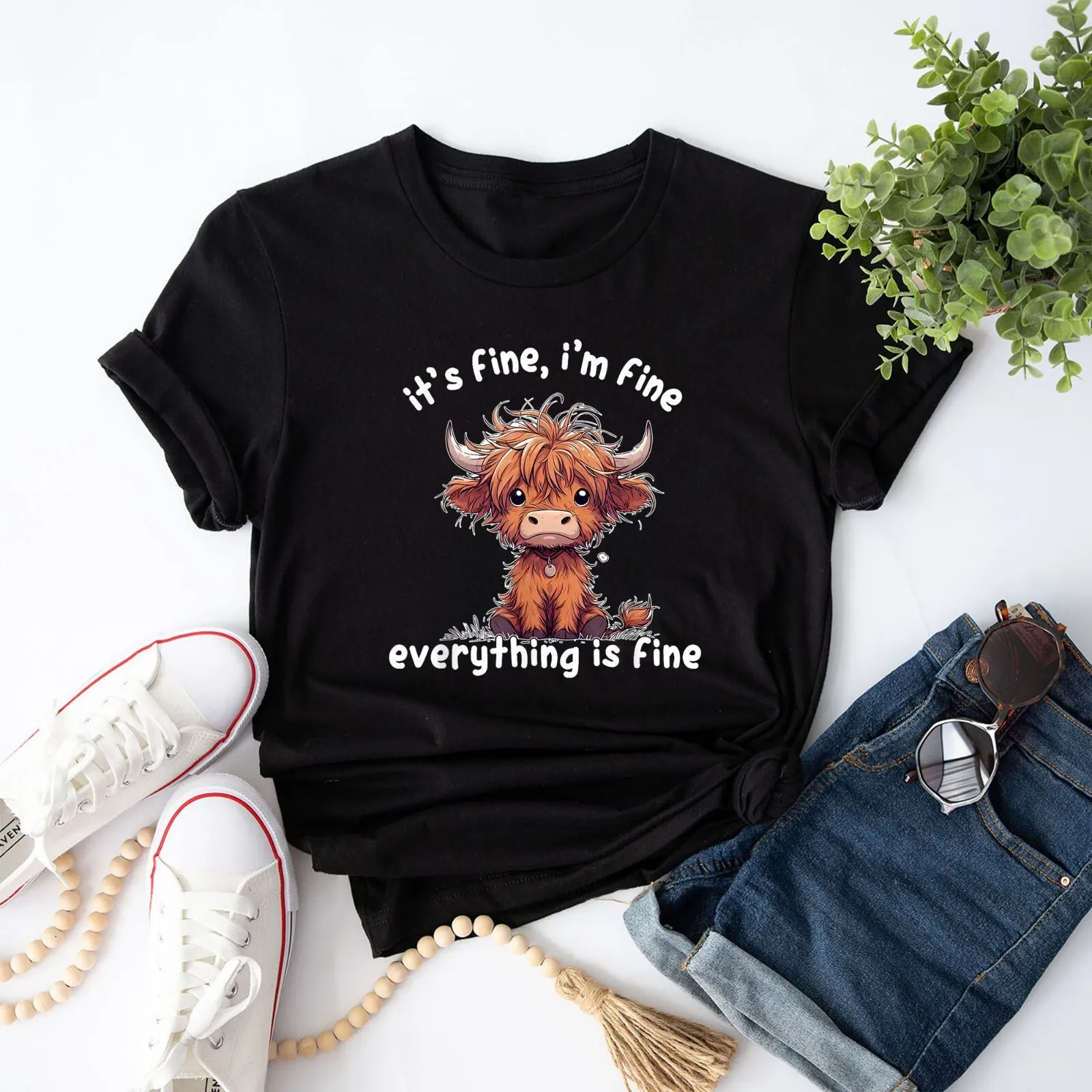 

It'S Fine I'M Fine Everything Is Fine Cute Baby Highland Cow T-Shirt