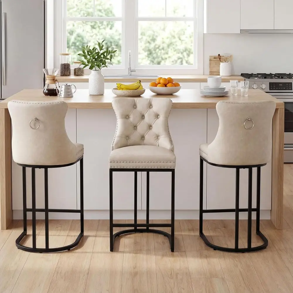 

Set of 3 Upholstered Leatherette Counter Height Bar Stools with Backs, Beige for Kitchen Island