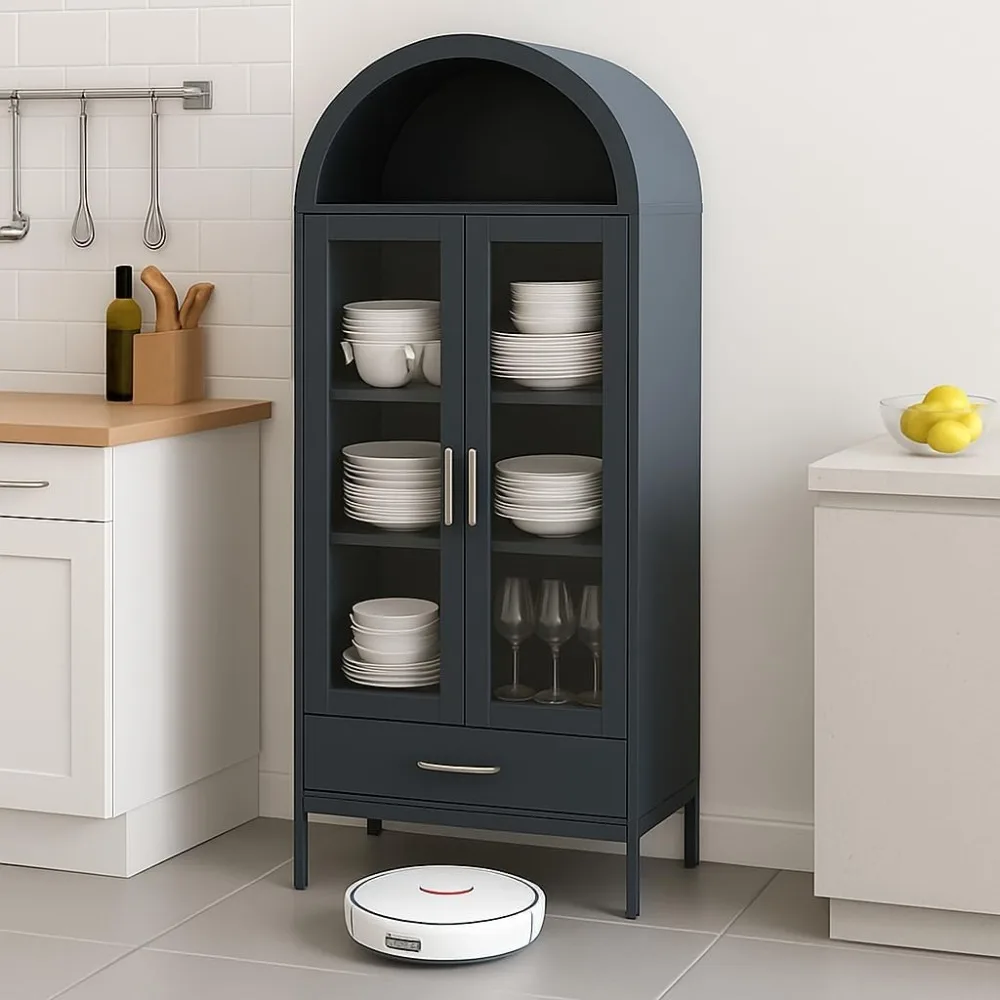 

Tall Metal Arched Storage Cabinet with Glass Doors,Modern Kitchen Pantry & Cupboard for Living/Dining Room,2 Adjustable Shelves