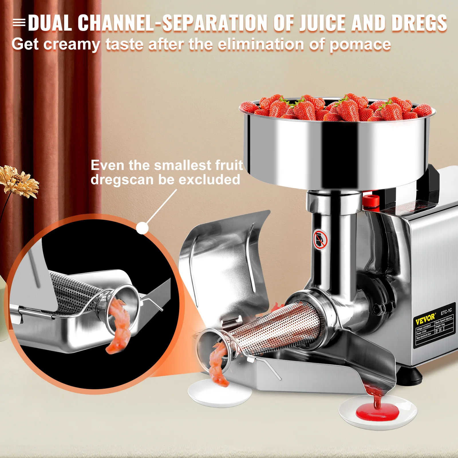 370W Commercial Grade 90-160 Kg/H  Tomato Strainer Stainless Steel Tomato Milling Press Machine for Sauce Jam Puree Home