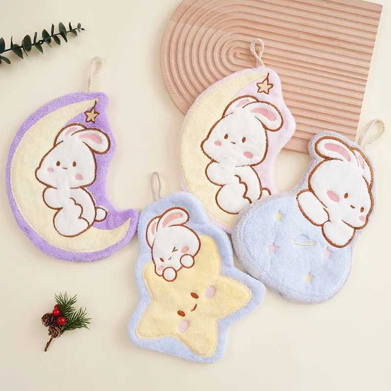 Adorable Rabbit Hand Towel Hanging Kitchen Batoom Non-edding Absorbent Cloth Children's Handkerchief Household Cleaning Tool