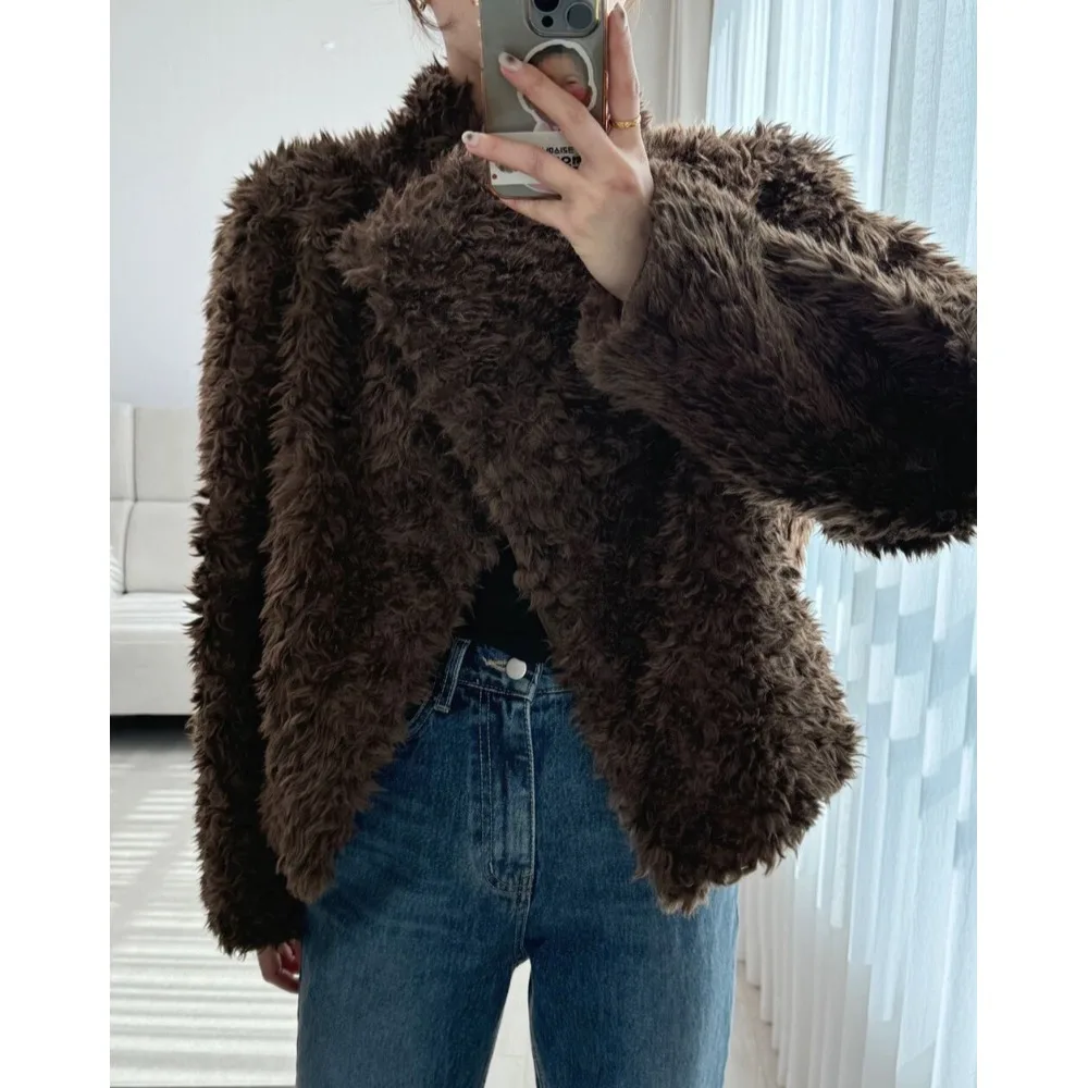 Abrigo superior cálido con un solo botón y cuello peludo para mujer elegante Otoño Invierno Sli simple Corte versátil Ajuste alto Largo Sve C...