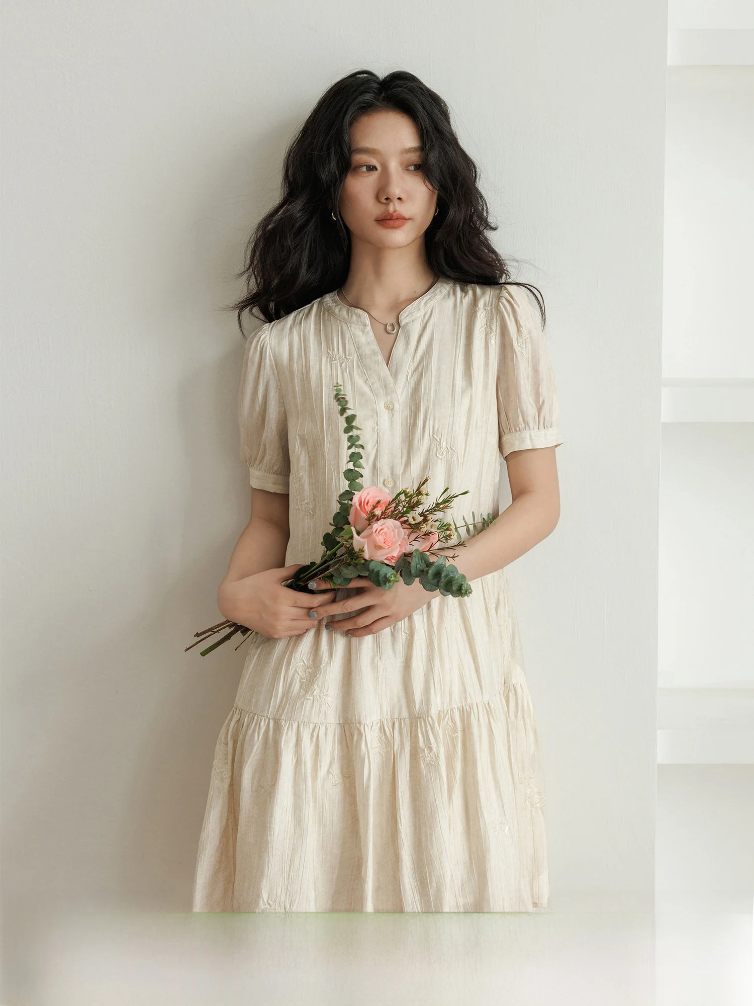 Elegant V-Neck Short Sleeve Embroidered A-Line Dress Slimming Summer Fashion Women's Dress Casual Style Single Button Closure