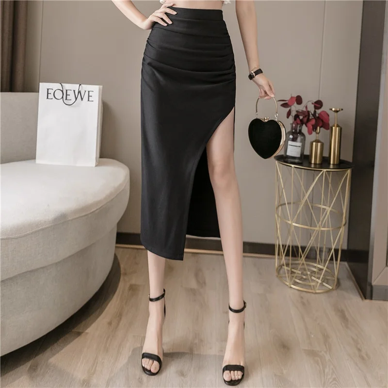 

Sexy High Waist Pleated Wrap Bodycon Skirt mid Length Slit A-Line Cotton Chiffon Color Summer New Arrival Women's Skirt