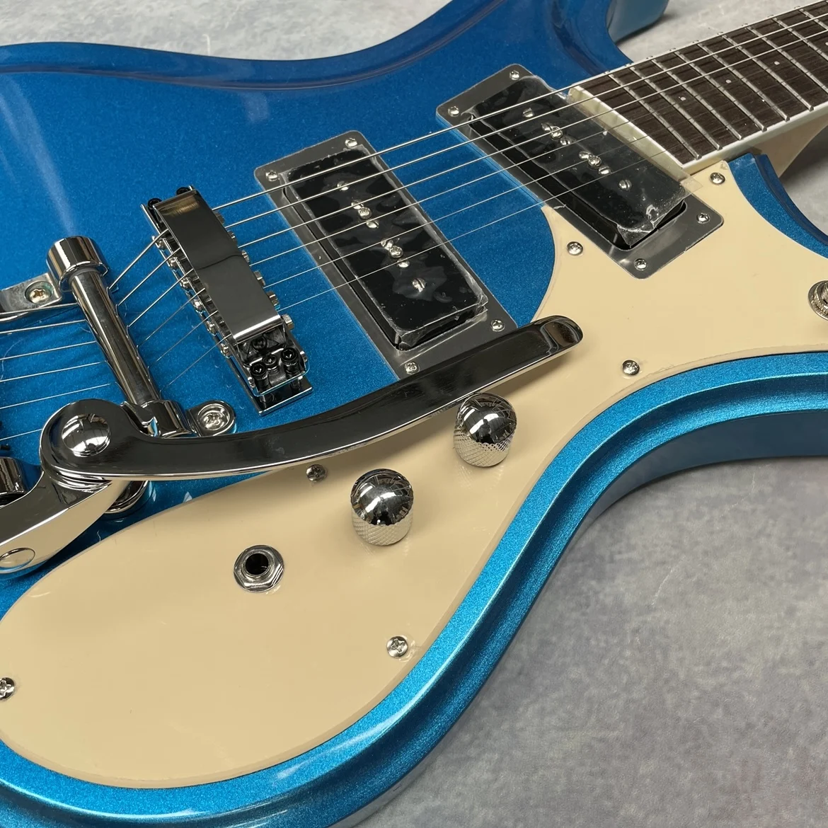 Metallic blue 6-string guitar, rosewood fingerboard electric guitar, white hardware guitar view 3