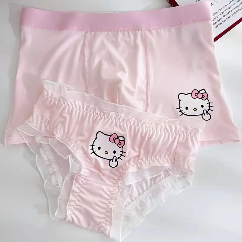 Calcinha rosa Hello Kitty casal, Virilha de algodão, desenhos animados fofos, roupa íntima doce das senhoras, boxers masculinos sedosos, respiráveis, confortáveis, novos