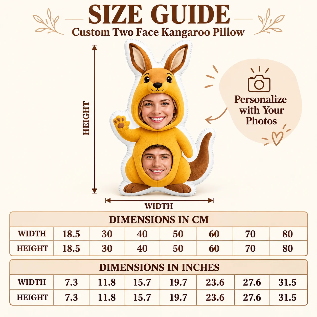 Custom Photo Kangaroo Costume Shaped Pillow Personalized Two Face Cushion Fun Couple Gift for Friends Family Sofa and Home Decor