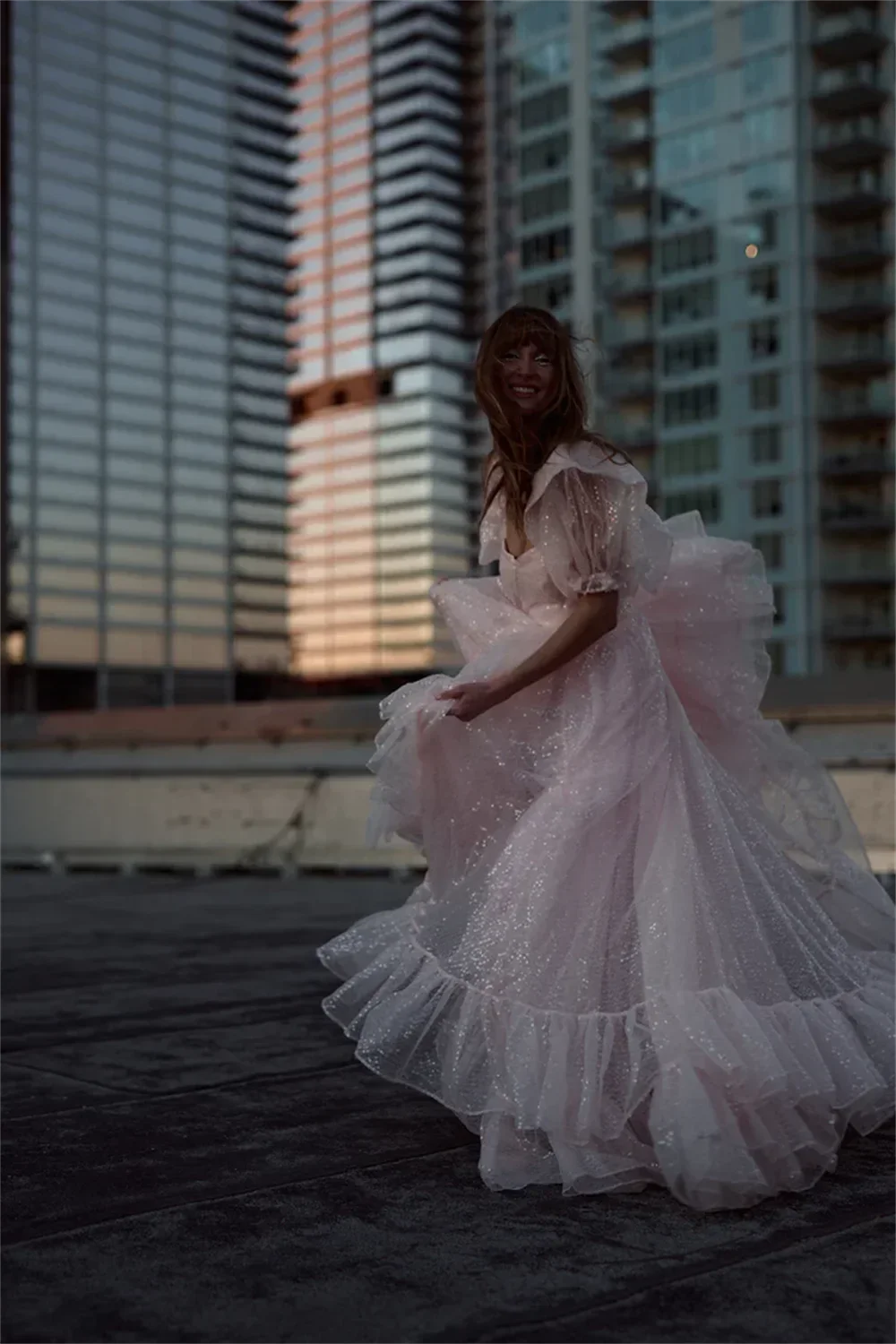 Customized Baby Pink Edge Curl Prom Dress 2024 Puffy Half Sleeves A-line Quinceanera Dress Lace-up Back Multilaye Vestidos De Fi