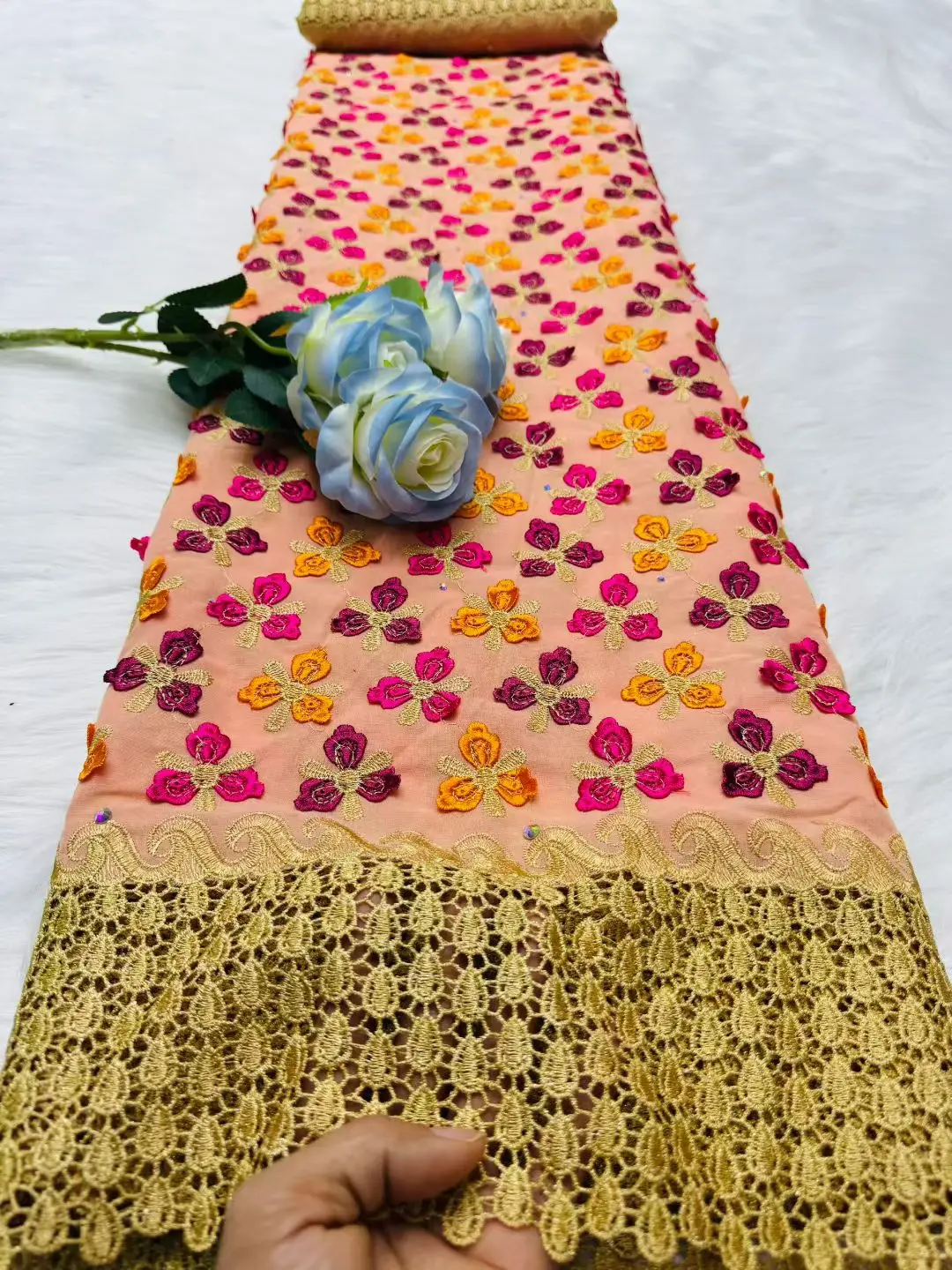 

3D французская сетка шифон свадебная вышивка африканская кружевная ткань 2025 Высокое качество 5 ярдов персиковый шифон кружевная ткань материал H183-1