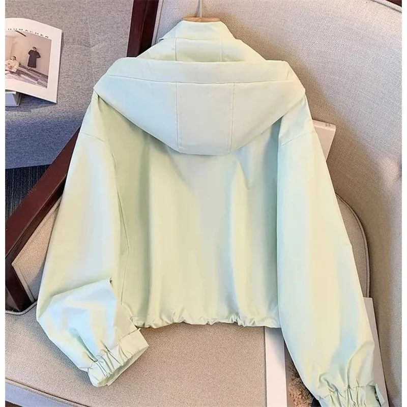 

Spring Autumn Style Women Leisure Hooded Solid Color Loose Zippered Baseball Tops Coat Female Short Fashion Charge Jacket