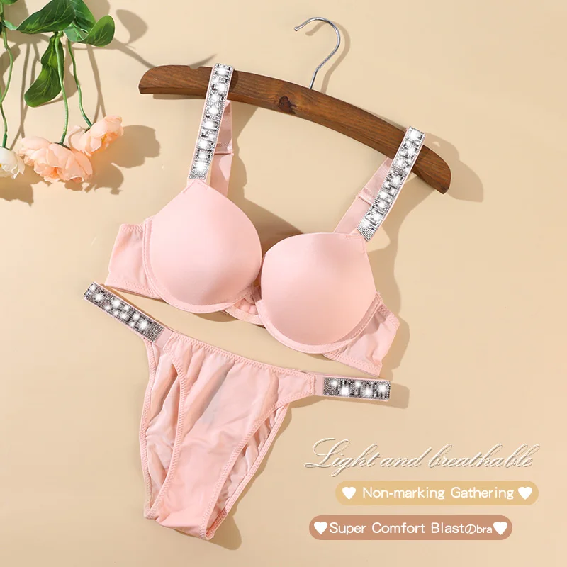 Bra Set VS Brand Underwear Autumn Women's 2-piece Underwear Set Push-up Bra Underwear Lace Rhinestone Letter Pattern