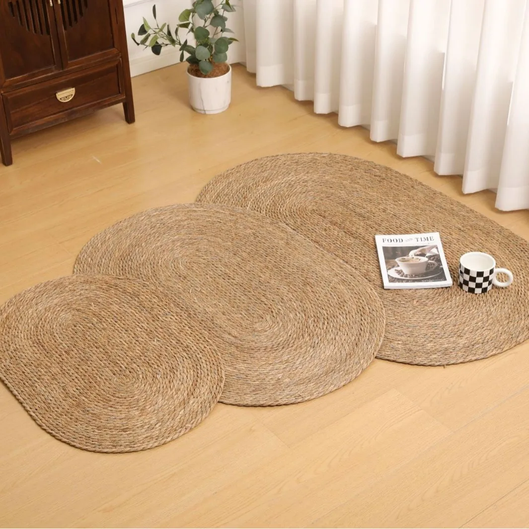 Natural Straw Woven Rug Wood-Tone Striped Or Solid Handcrafted Tatami Mat In Multiple Sizes Bedroom Bedside Living Room Balcony