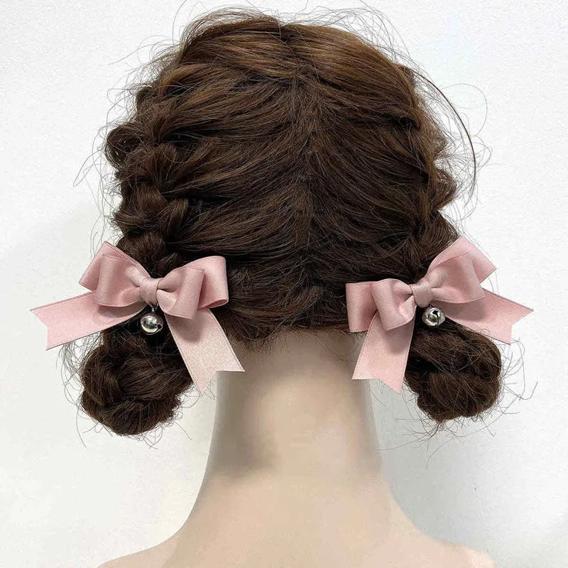 Épingle à cheveux double queue de cheval rose/crème/noir pour filles, 2 pièces, nœud en dentelle, ruban cloche, pince japonaise, bande de sauna latérale douce, accessoires Lolita