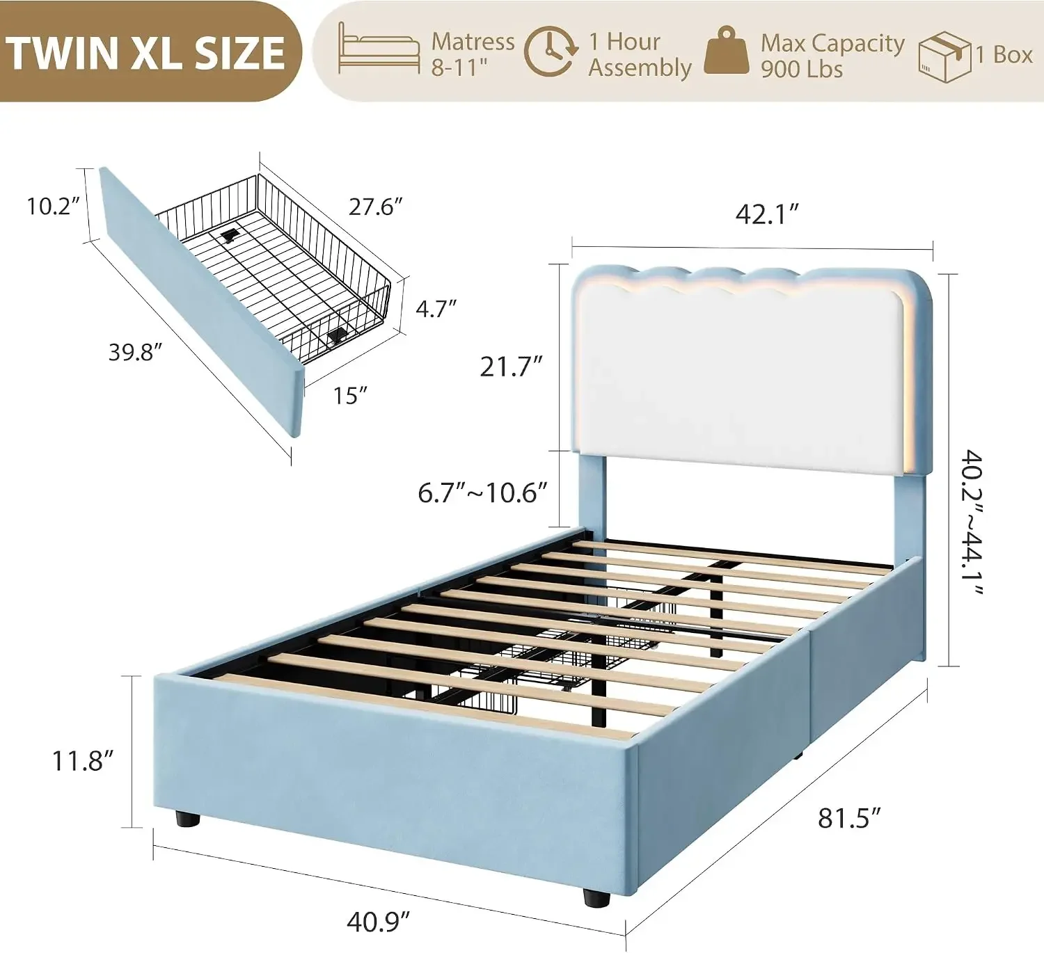 USA Stock Twin XL LED Bed, 2 Drawer Trundle, Light Blue Wave Headboard | MDF Frame, Light Blue Velvet, RGB LED, 2 Drawers + Trun