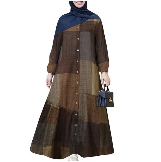 2024 plus size women's Muslim spring and autumn long sleeved simple and loose casual long length Japanese and Korean checkered