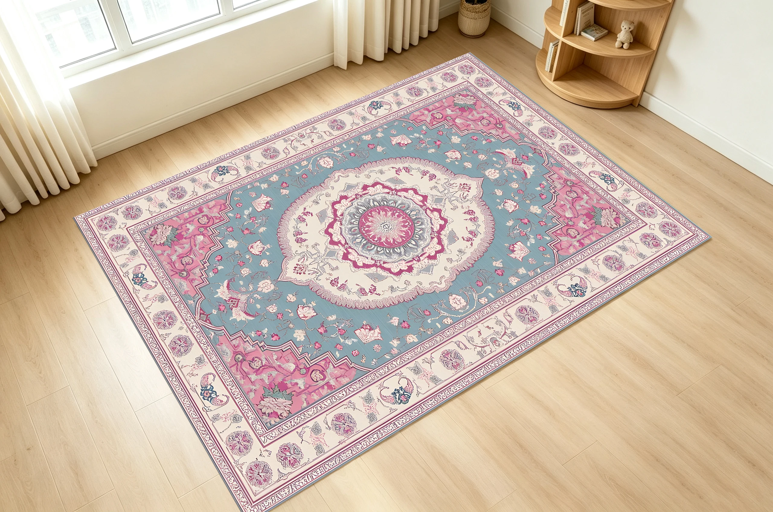 2D Large Rug in Pastel Blue Vintage Persian Pattern, Soft & Skin-Friendly, for Living Room & Bedroom, Enhancing the
