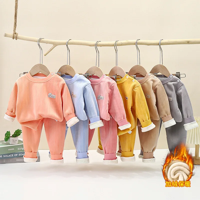 Children Thermal Set Baby Padded Thickened Autumn and Winter Underwear Boys Girls Autumn Clothes Autumn Trousers Kids Solid Pink