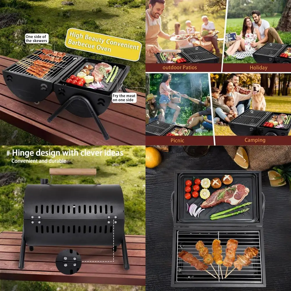 

Компактный уличный угольный гриль для кемпинга, пикников и развлечения на заднем дворе — черный, 2 углеродных резервуара, 2 сетки для выпечки, 1 противень
