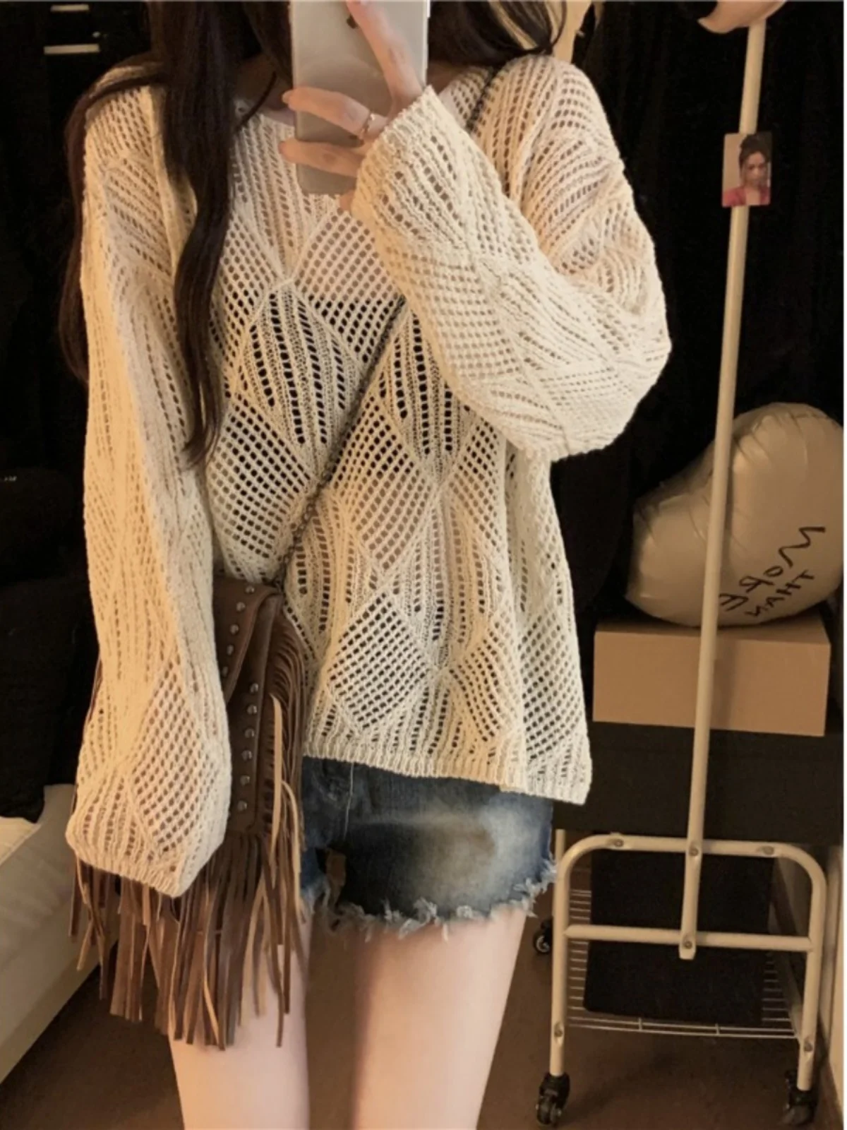 

Women's Knitted Long Sve Hollow out Top Spring 2024 Lazy Sle Loose Fit Ele Versatile Slimming Effect
