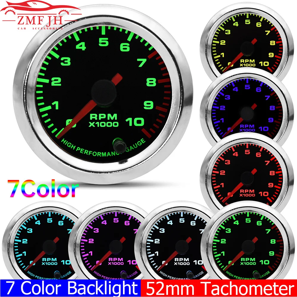 52mm Tachometer with 7 Color Backlight for 4/6/8 Cylinder Gasoline Racing Car Auto Tacho Gauge Pointer 2