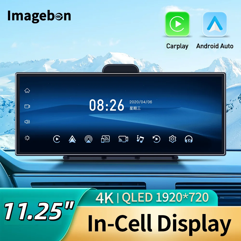 Imagebon H70-K 4K+1080P DVR Automotivo 11.25" com CarPlay Sem Fio, Android Auto, Tela Inteligente Dividida, QLED In-cell 1920*720, Wi-Fi 5G, Câmera Veicular