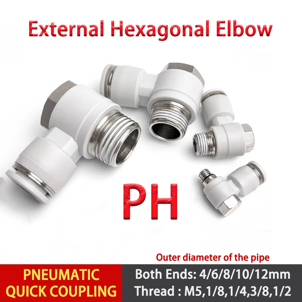 

1Pcs PH External Hexagonal Thread Elbow M5 PT1/8 1/4 3/8 1/2 Male Thread Quick Connector