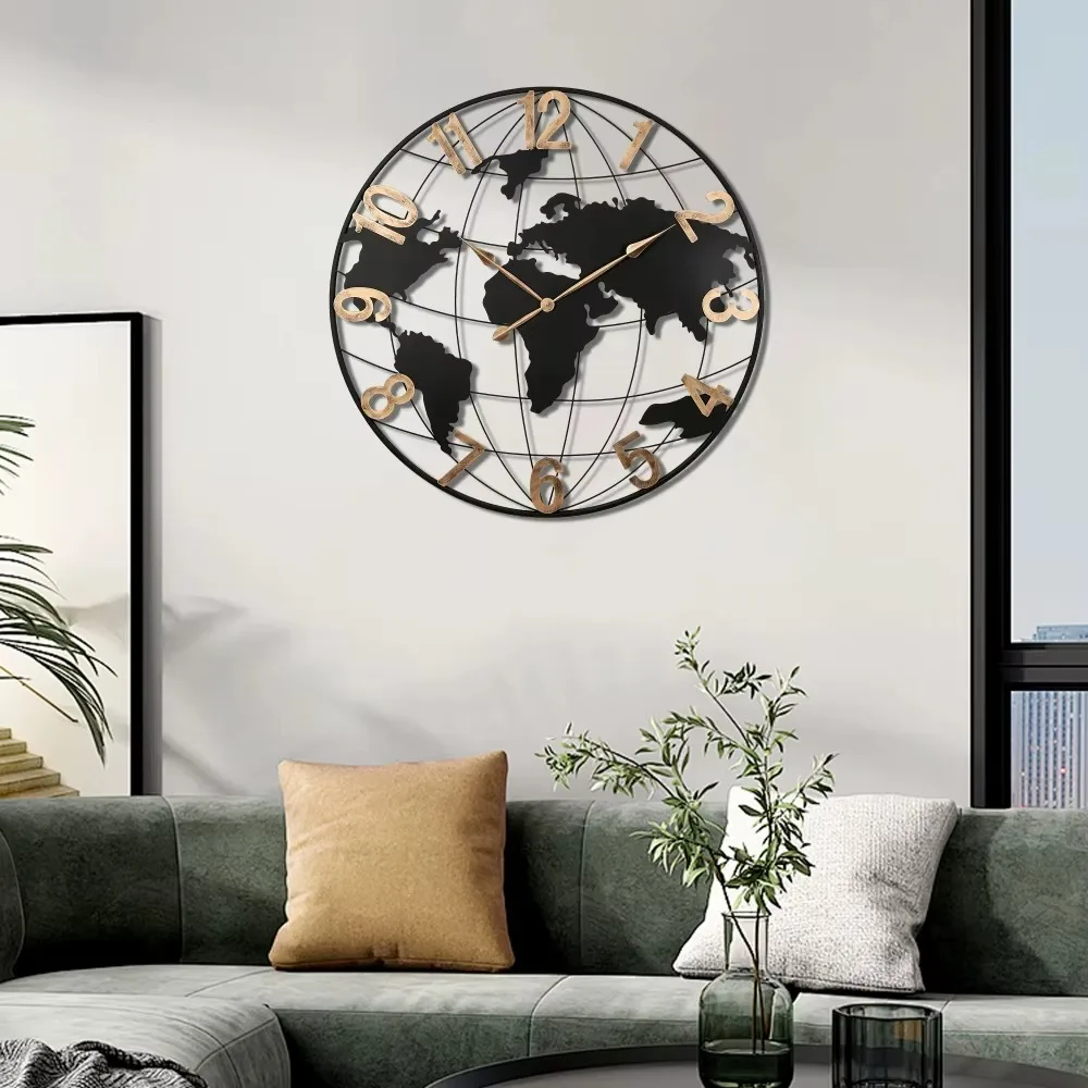 

36 Inch Large Black Metal Wall Clock, Modern Silent World Map Wall Clock with Vintage Gold Arabic Numeral