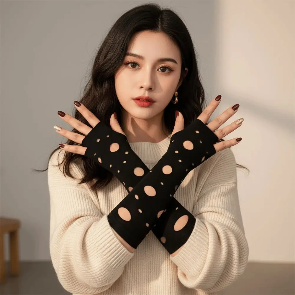Sleeve Covers Ripped Arm Warmers Hollow Black Fingerless Gloves Elastic Knitted Hand Sleeves Goth
