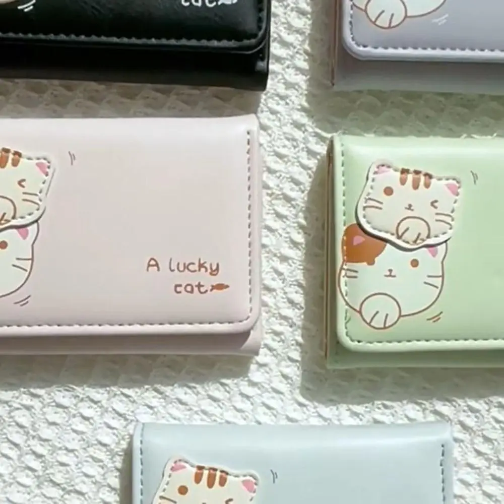 

Elegant Solid Color Cartoon Cat Short Wallet Korean Style Multi-card Slot Coin Purse PU Leather Clutch Bag Cute Card Bag Women