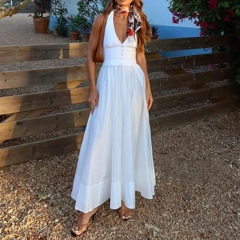 

Сексуальное летнее платье с открытой спиной на шее, элегантное женское плиссированное платье трапециевидной формы на пуговицах, повседневное однотонное пляжное платье без рукавов с высокой талией