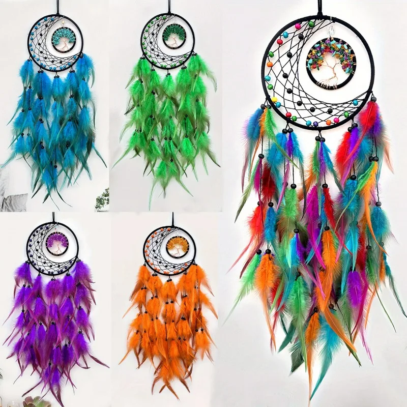 1pcs Polychrome Feather Pendants, Handmade Woven Life Tree Dream Catcher Wall Decorations, Room Decoration Crafts