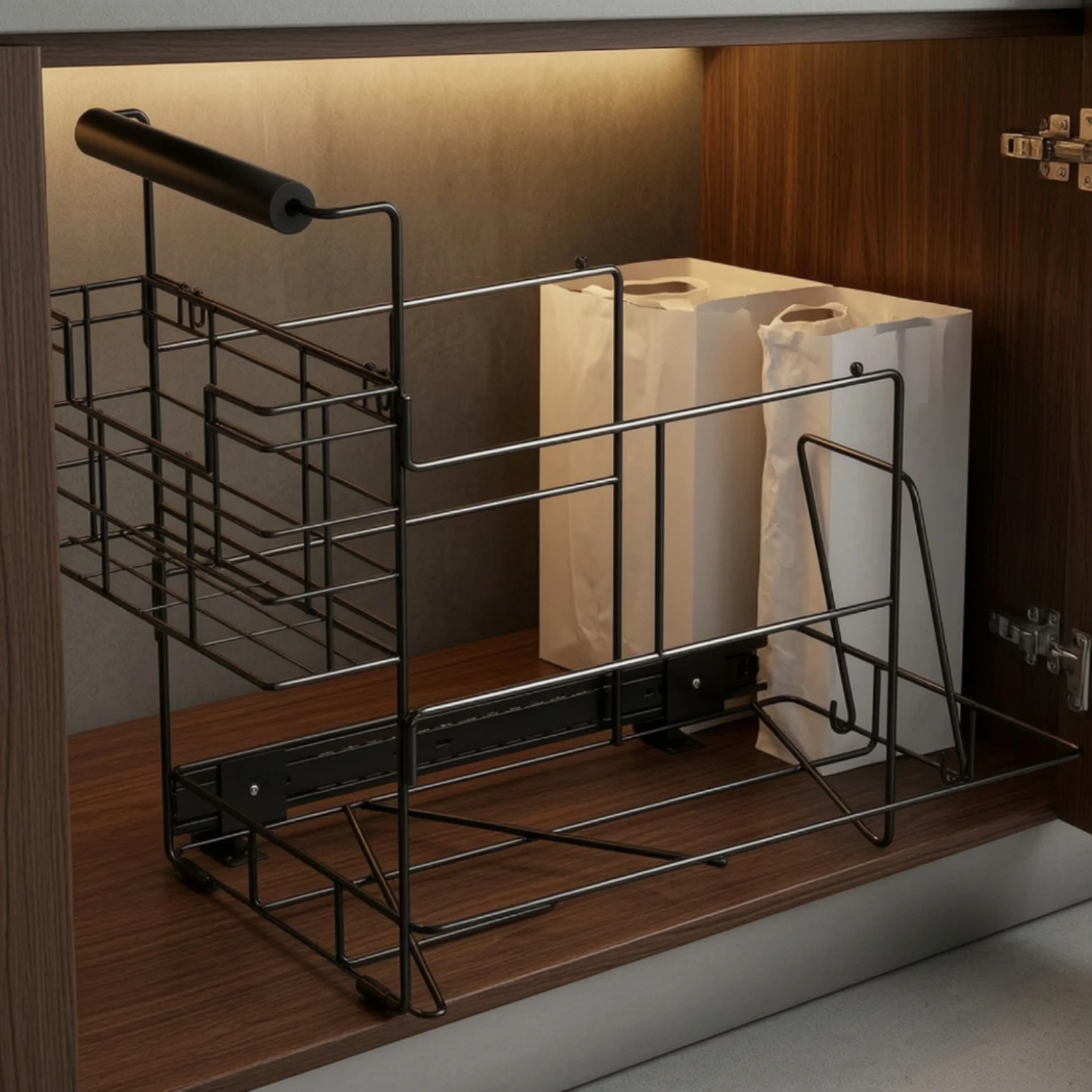Pull-out Trash Can Rack Space-Saving Trash Can Pull-out Organizer Sliding Cabinet Organizer with Basket Adjustable for Kitchen