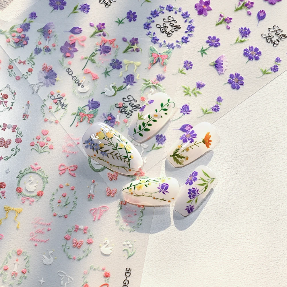 1 pièces 5D rêve violet feuille florale plante ongles autocollants printemps été fleurs sauvages vives ongles décalcomanies Style pastoral manucure décalcomanies