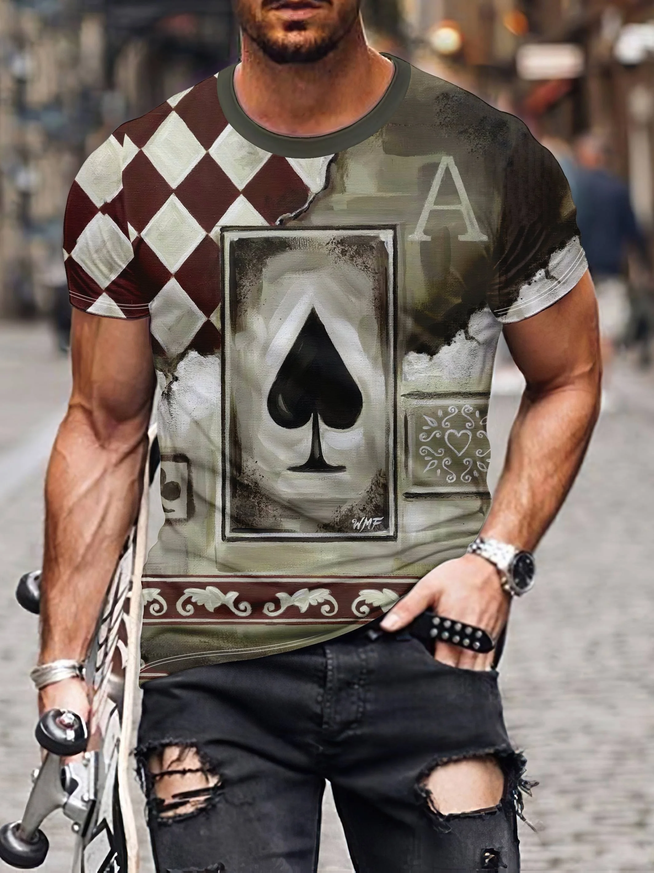 Men\'s Punk Style Short Sleeve Imitation T-shirt Vintage Poker Pattern Printed Top T-shirt Men\'s Street Wear