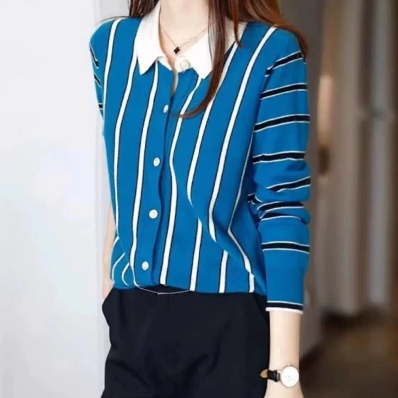 Spring Autumn Fashion Turn-down Collar Long Sleeve Striped Cardigan Women\'s Clothing Patchwork Loose Button Knitting Chic Tops