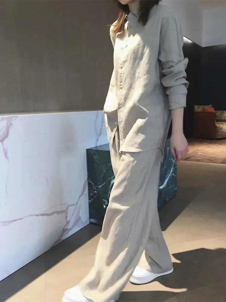 Linen Long Sleeve Shirt Pants Suit 100% Cotton Women\'s Set Wide Leg Pant Tracksuit Two Piece Set Loose Trousers Outfits Size XXL