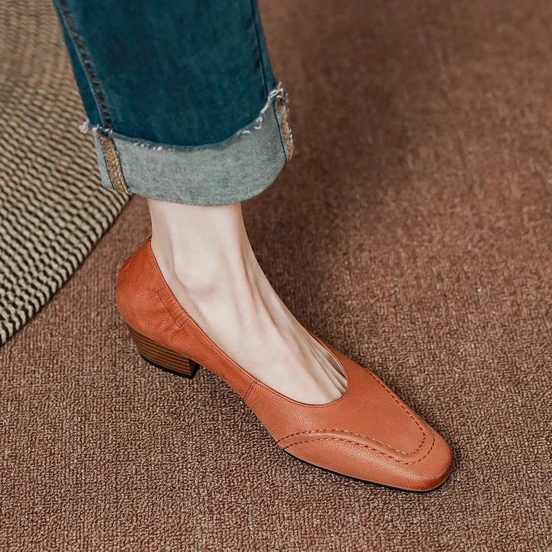 

Women Retro Pumps Slip-On Woman Leather Pumps Round Toe French Style Women Shoes 4.5CM Spring Autum Thick Heeled Ladies Shoes