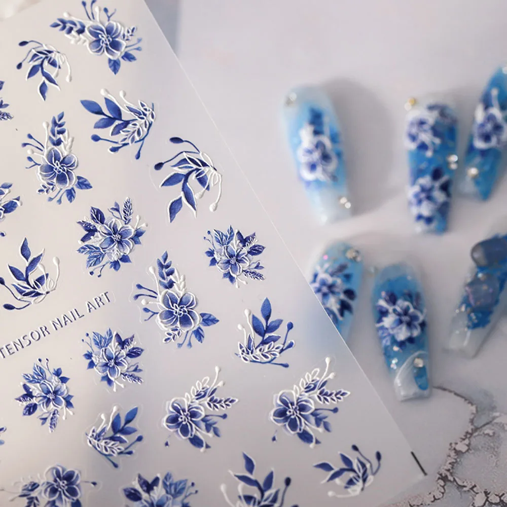 Blue Flowers Nail Stickers 5D Embossed Flower Nail Stickers Decals for Acrylic Design Blue & White Nail Art Accessories Slider