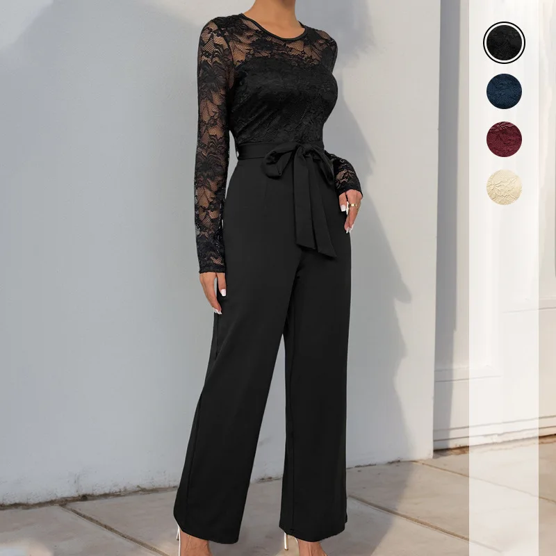 

Women Black Sexy Hollow Out Playsuits 2025 New Lace Patchwork Zipper Tie Solid Color Loose Long-Sleeved Jumpsuit One Peice Pants