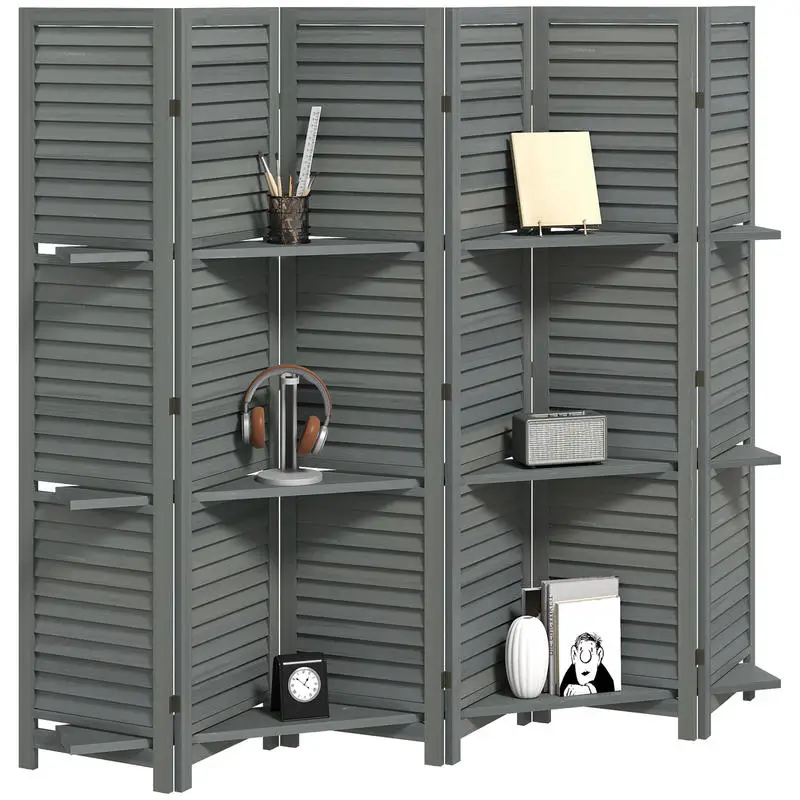 

6 Panel 67" Tall Wood Privacy Screen Room Divider with 3 Shelves and Folding Storage for Bedroom, Gray