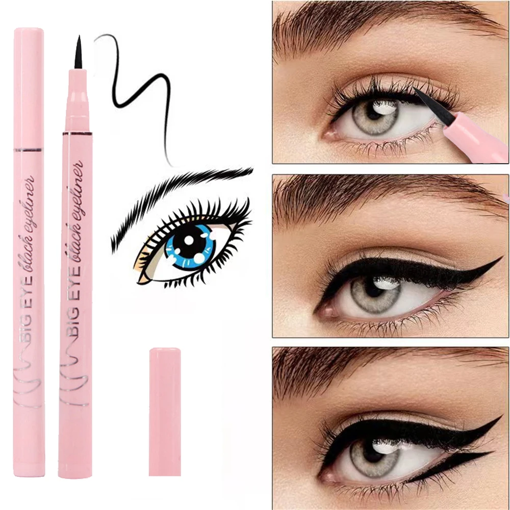 Crayon Eyeliner noir imperméable, Tube rose, liquide Ultra-fin, longue durée, outil de maquillage à séchage rapide, cosmétiques