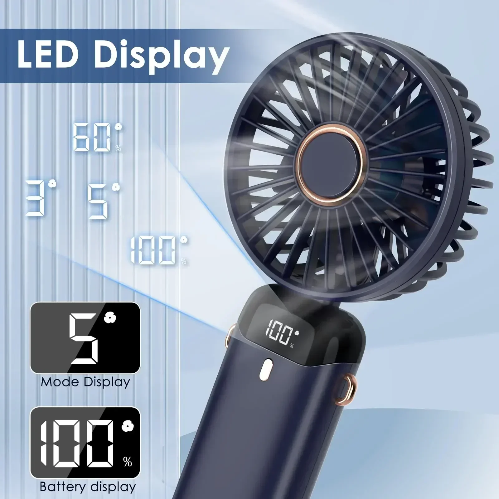 5000mAh Handheld Mini Fan Wireless USB Rechargeable Portable Digital Display Phone Holder Fan 5 Speed Foldable Neck Hanging Fans