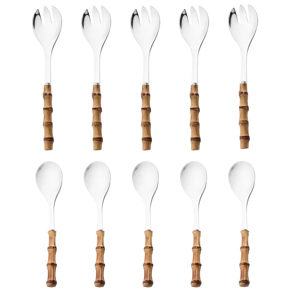 

10Pcs Wooden Handle Serving Spoon Fork Set Long Handle Large Salad Spork Set Stainless Steel Tableware Kitchen Hotel Cutlery