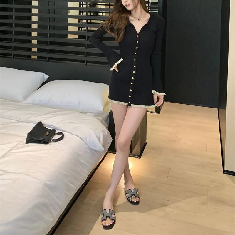 Female Clothing Slim Bag Hip Mini Dress Autumn Winter Fashion Lace Spliced Basic Solid Color Waist Hotsweet Long Sleeve Dresses