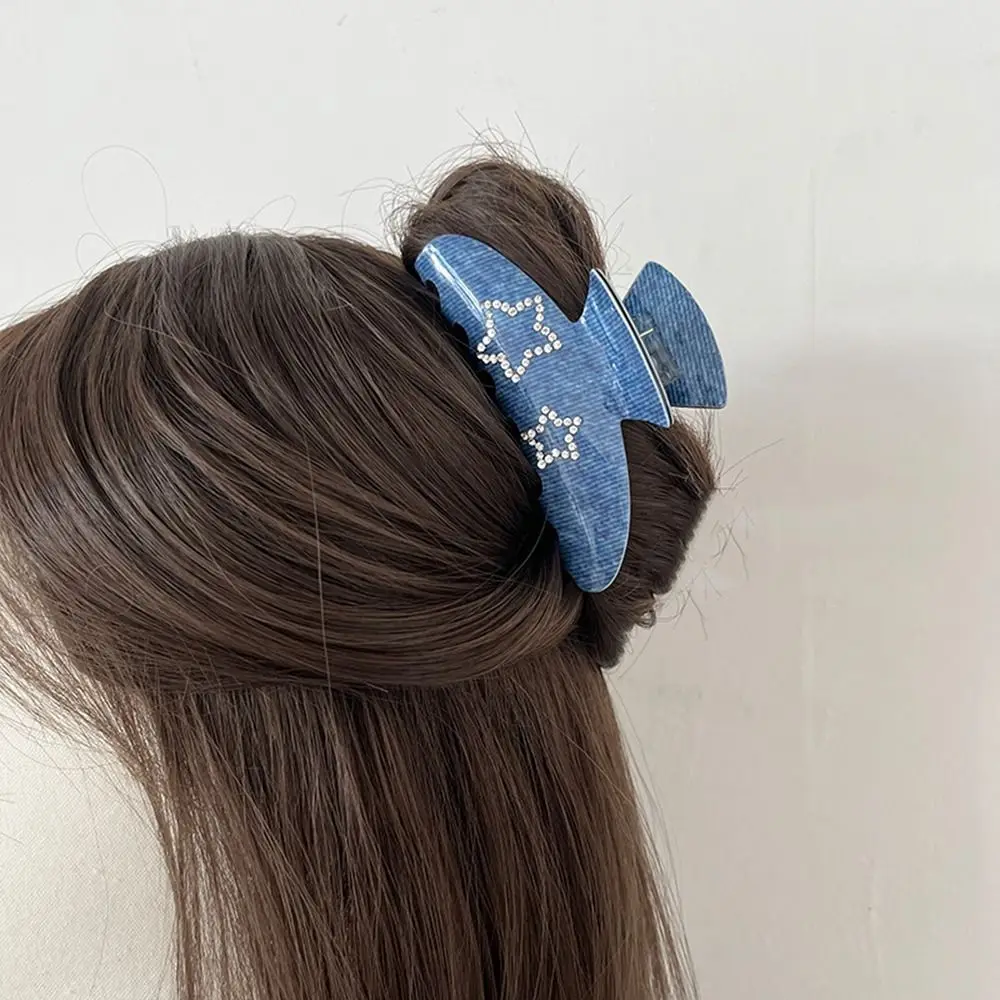 Fashion Acetic Acid Acetate Star Hair Claw Blue Denim Y2k Rhinestones Hair Clip Pentagram Headdress Shark Clip Female