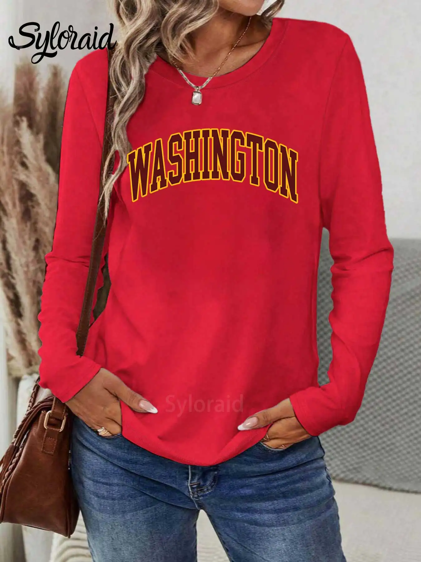 تي شيرت نسائي بأكمام طويلة مطبوع عليه كرة القدم في واشنطن، قميص يوم اللعبة، قميص كاجوال برقبة دائرية #3