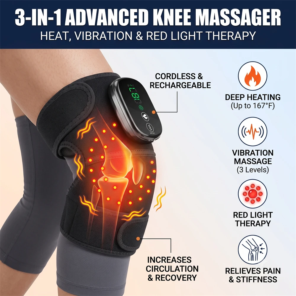 5000mAh Wireless Knee Massager with Red Light Therapy 3-Level Heating Vibration Pad for Shoulder Elbow Joint Pain Relief